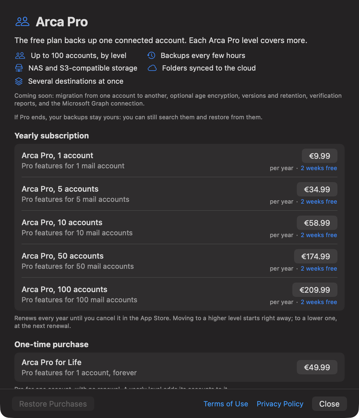 Arca Pro sheet: up to 100 accounts by level, NAS and S3-compatible storage, several destinations at once, backups every few hours and folders synced to the cloud. Yearly levels for 1, 5, 10, 50 and 100 accounts with 2 weeks free, and Arca Pro for Life for one account. Prices shown are the planned ones.