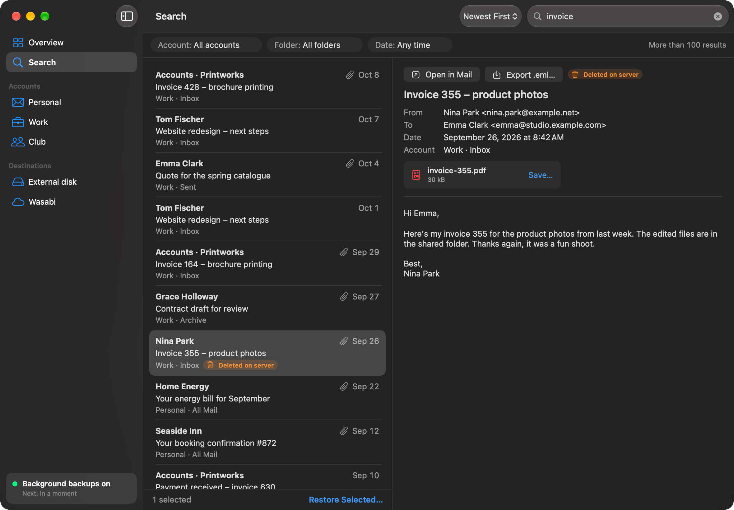 Search window with the query “invoice” across all accounts. The selected message, “Invoice 355 – product photos” with a PDF attachment, is marked “Deleted on server” and can be restored or exported as .eml.